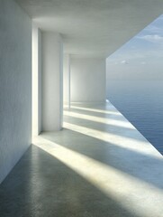 Empty white hallway, sunlit, overlooking ocean