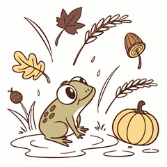 Whimsical Frog feeling Curious in a Thanksgiving setting with splashing in puddles – colored in Harvest Blessings