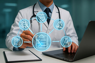Doctor using digital interface with medical icons and laptop technology healthcare