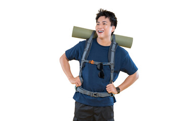 A young hiker is smiling with a backpack. He seems ready to explore new paths with enthusiasm on...