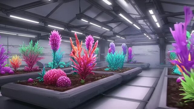 Vibrant alien plants thriving in a futuristic lab setting