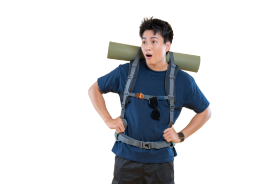 A hiker wearing a backpack looking confused and surprised while looking ahead on a clean background - Powered by Adobe