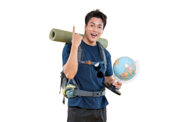 A young traveler excited about travel and adventure, holding a globe and a map on png background