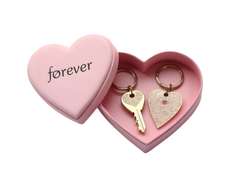 Pink Heart Shaped Box Containing Gold Key and Heart Shaped Keychain Pair Romantic Gift Forever isolated on a transparent background