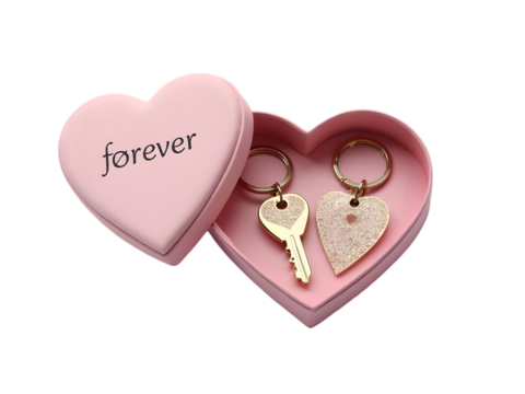 Pink Heart Shaped Box Containing Gold Key and Heart Shaped Keychain Pair Romantic Gift Forever isolated on a transparent background - Powered by Adobe