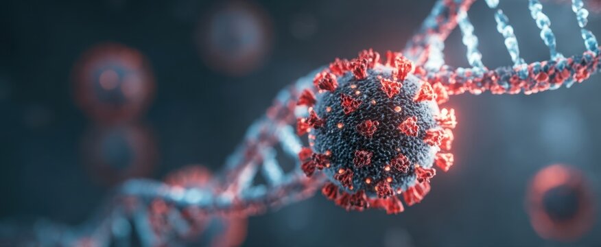 The detailed visualization of a coronavirus structure alongside DNA strands.