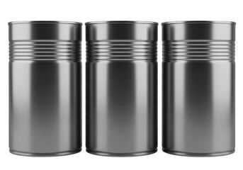 Collection of Three Empty Silver Metal Cans with Smooth Finish and No Labels on Transparent Background