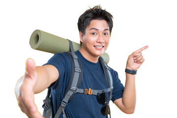 A male traveler smiling and pointing with his finger on a png background