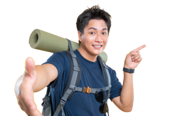 A male traveler smiling and pointing with his finger on a png background