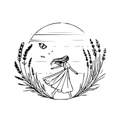 Illustration of a woman walking in a field of lavender with a butterfly and a sun in the background