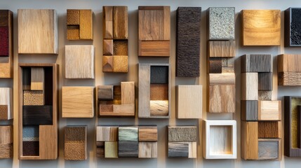 Wall art made of various wooden blocks and patterns. Background for design, interior, or carpentry projects.