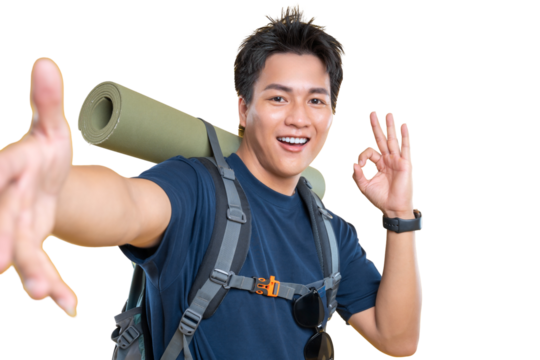 Happy traveler ready for an adventure with an ok gesture on png background