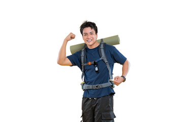 A young man smiling confidently with a backpack, ready for an adventure on a transparent background