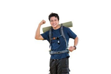 A young man smiling confidently with a backpack, ready for an adventure on a transparent background