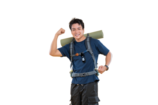 A young man smiling confidently with a backpack, ready for an adventure on a transparent background