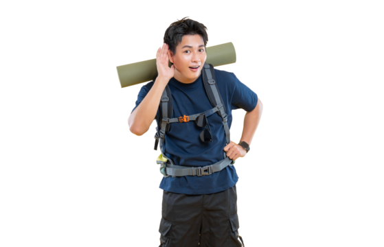 A curious traveler is listening closely for something, ready for adventure with a backpack and gear on png background