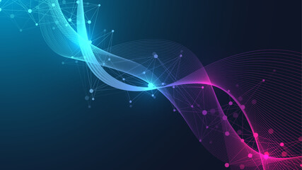 Colorful molecules background with DNA helix, DNA strand, DNA Test. Molecule or atom, neurons. Abstract structure for science, healthcare or medical background, banner. Scientific vector illustration