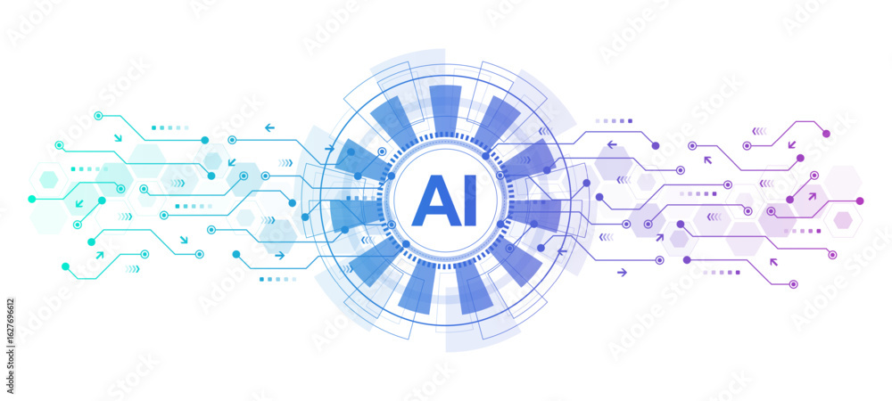 Poster artificial intelligence icon, sign, logo in the circuit line style. ai processor vector icon flat de