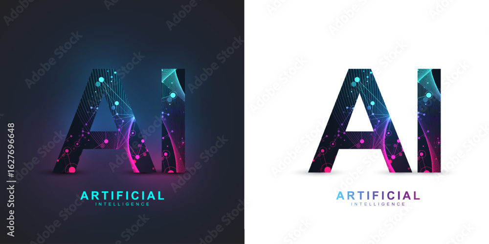 Poster artificial intelligence icon, sign, logo in the circuit line style. ai processor vector icon flat de