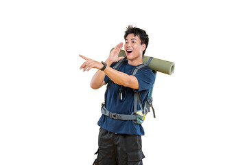 A cheerful hiker calling and pointing to the right. He is wearing hiking attire and carrying a backpack and a rolled-up mat on png background