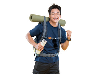 A happy traveler ready for adventure on his journey on png background