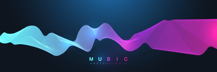 Music abstract background. Music wave poster design. Sound flyer with abstract gradient line waves, vector concept