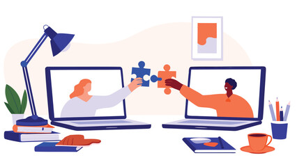 Two people connecting puzzle pieces through laptop screens in a virtual collaboration setting online now