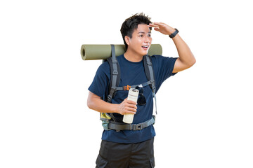 A male hiker with a backpack looking towards the horizon on png background 
