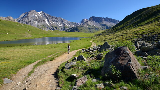 Plan du Lac, a high plateau located above Termignon in Vanoise National Park, Savoie, Northern French Alps, France, with a lake and three summits ( Grande Casse, Grande Motte and Pierre Brune)