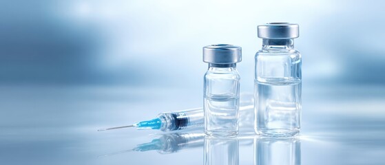 The sterile vials and syringe for medical vaccination preparation.