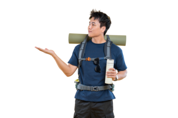 A young traveler with a backpack, map, and sunglasses, pointing toward something.  This man embodies the spirit of exploration. The image of a happy backpacker on a clear backdrop on png background.