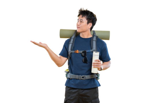 A young traveler with a backpack, map, and sunglasses, pointing toward something.  This man embodies the spirit of exploration. The image of a happy backpacker on a clear backdrop on png background.