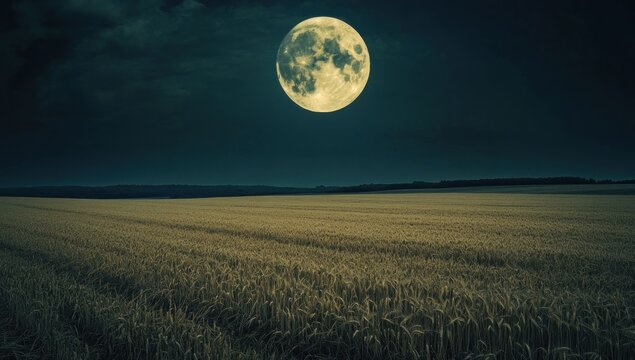 Moonlit wheat field, A serene landscape of golden grain under a luminous full moon - Powered by Adobe