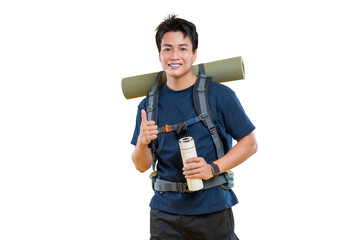 A smiling backpacker giving a thumbs up, ready for adventure. He is equipped with backpack and...