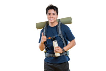 A smiling backpacker giving a thumbs up, ready for adventure. He is equipped with backpack and water bottle on png background
