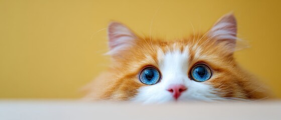 The adorable cat with striking blue eyes peering over a surface.