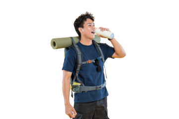 A hiker drinking water with backpack. The person has a backpack with a sleeping pad on png background