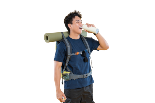 A hiker drinking water with backpack. The person has a backpack with a sleeping pad on png background