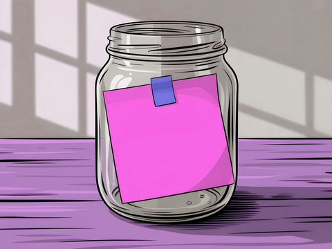 A clear cartoon glass jar with a blank, pink sticky note is on a wooden table, featuring an empty space for a personalized message
