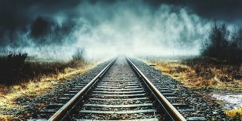 Fototapeta premium A foggy railway track stretches into the distance, surrounded by overgrown grass and trees, creating a mysterious and atmospheric scene.