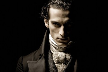 Fototapeta premium Mysterious young caucasian male in vintage formal attire with intense gaze