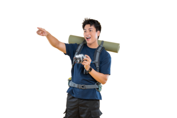 A traveler pointing ahead on png background