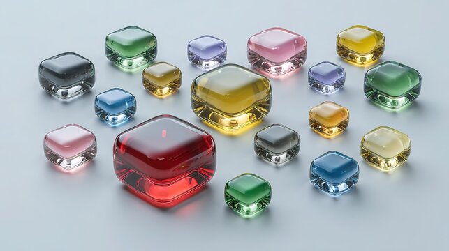 Multiple colorful glass cubes with regular shapes, diverse hues, placed on a simple background, showcasing modern art, decorative style, and aesthetic themes.