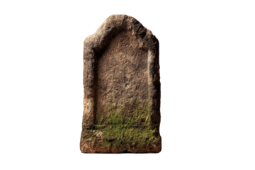 A stone tombstone with moss growing on it