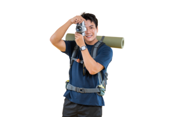 A man capturing a moment with a camera while hiking and smiling on png background
