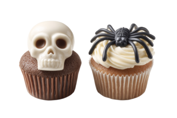 Two cupcakes with skulls and spiders on them