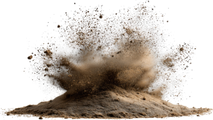 A powerful explosion of brown sand erupts from a mound