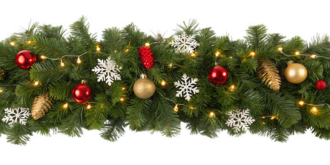 Festive christmas garland adorned with red baubles golden ornaments snowflake decorations and warm white fairy lights against a solid black background creating a celebratory holiday atmosphere