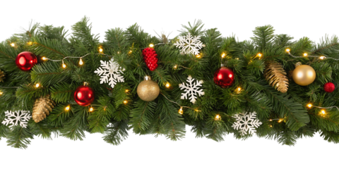 Festive christmas garland adorned with red baubles golden ornaments snowflake decorations and warm white fairy lights against a solid black background creating a celebratory holiday atmosphere