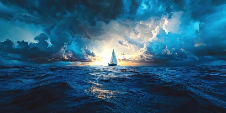 A serene sailboat glides through deep blue waters under a dramatic sky filled with swirling clouds, illuminated by a glowing sunset.
